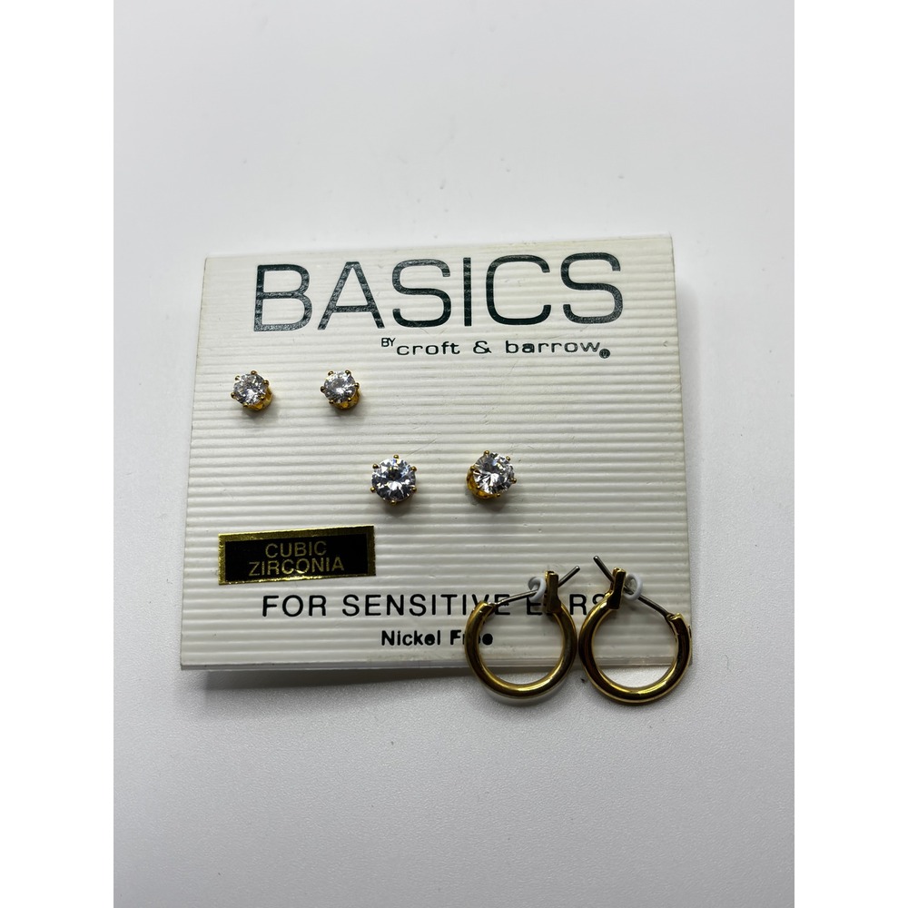 Croft & Barrow Earring Set Womens OS Gold Cubic‎ Zirconia Hoops Studs 3 Pair
